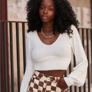 12th Tribe Gina White Balloon Sleeve Crop Sweater